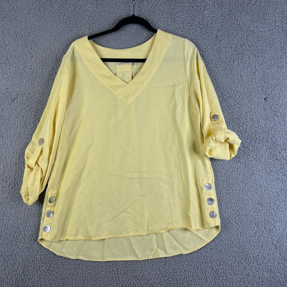 SOFT SURROUNDINGS Tunic Blouse Womens Large Yellow Roll Tab Sleeve Button V-Neck